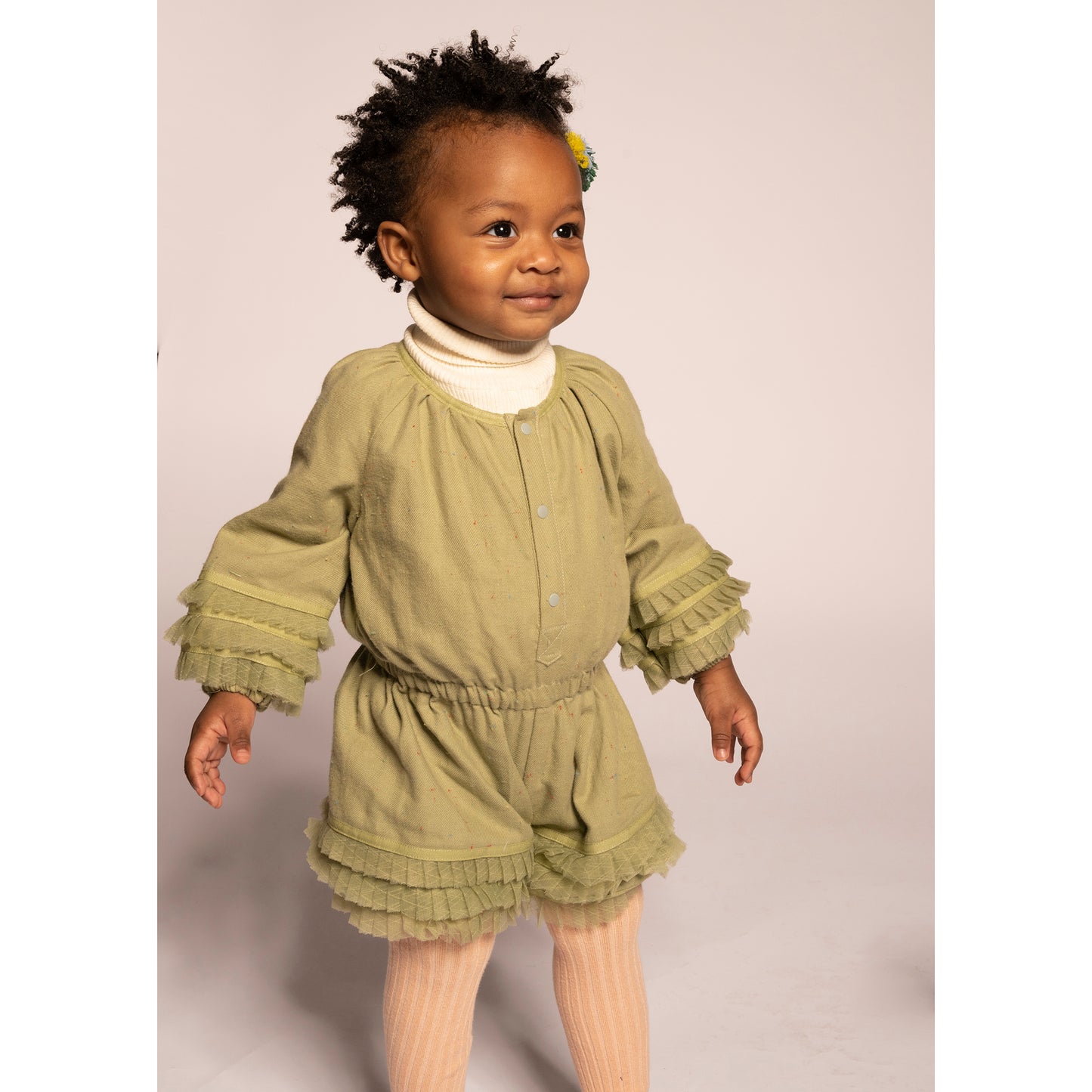 baby cotton green long sleeve romper with tulle