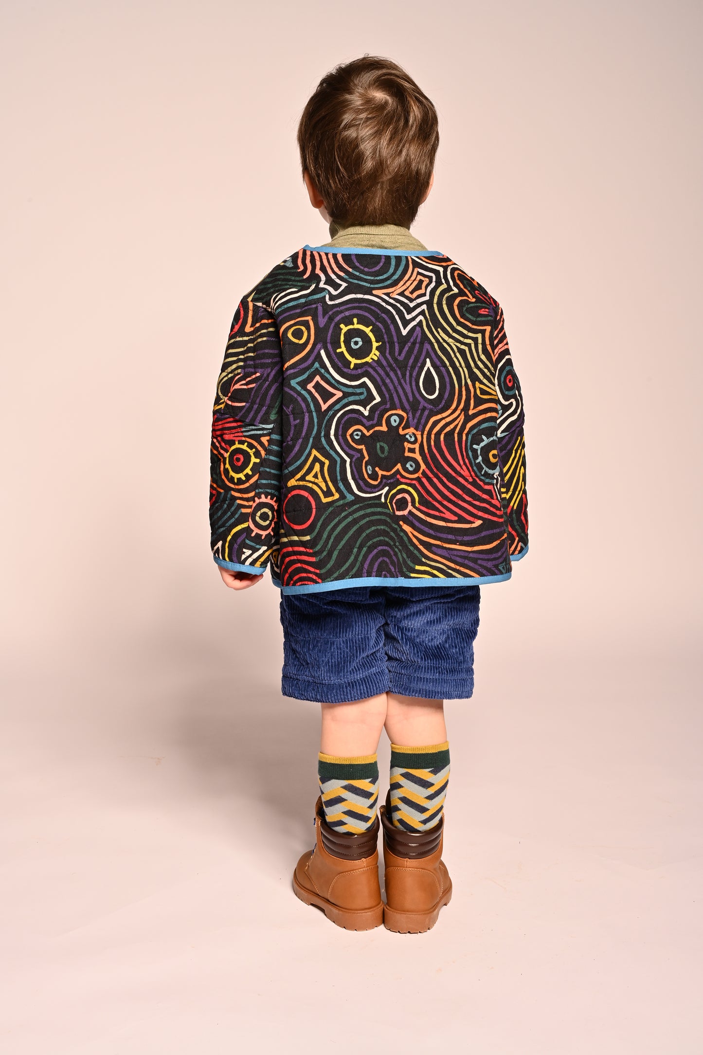 girls reversible corduroy cotton jacket in blue and multicolor print