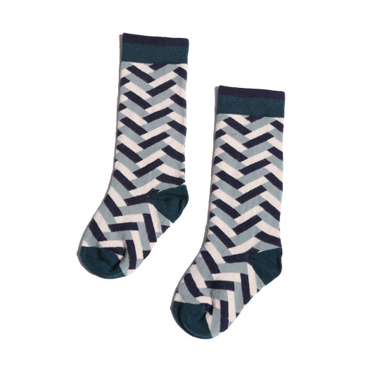 kids blue and white herringbone knee socks