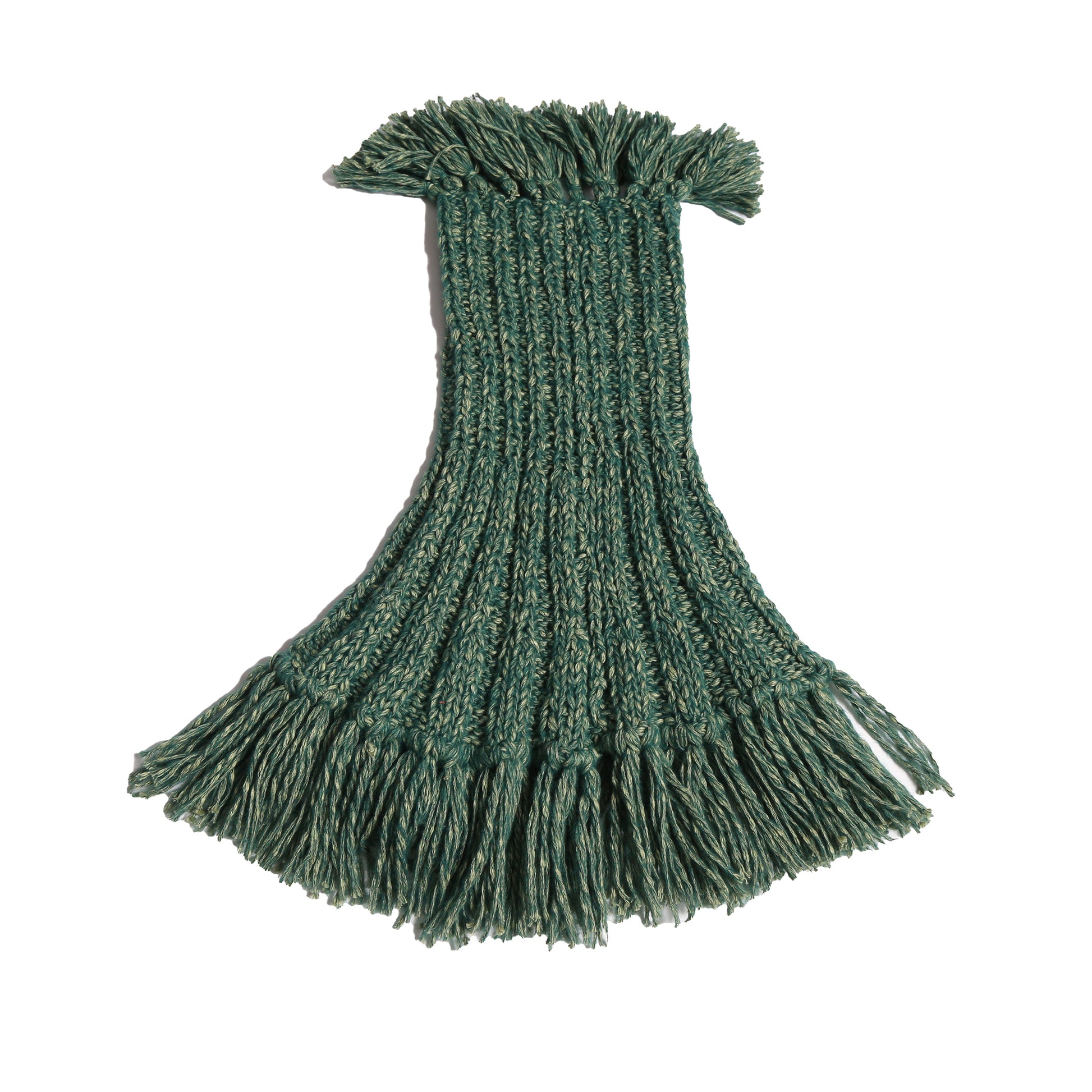 green hand knit wool slip over shrug with tassels