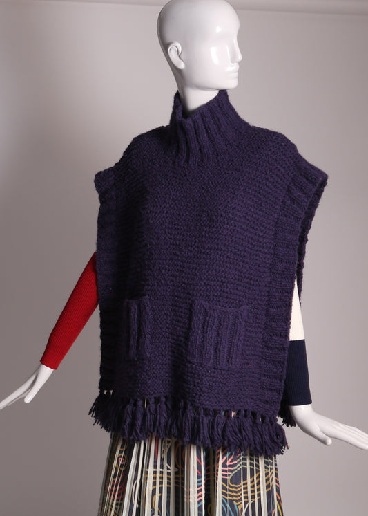 women's hand knit purple wool poncho with fringe