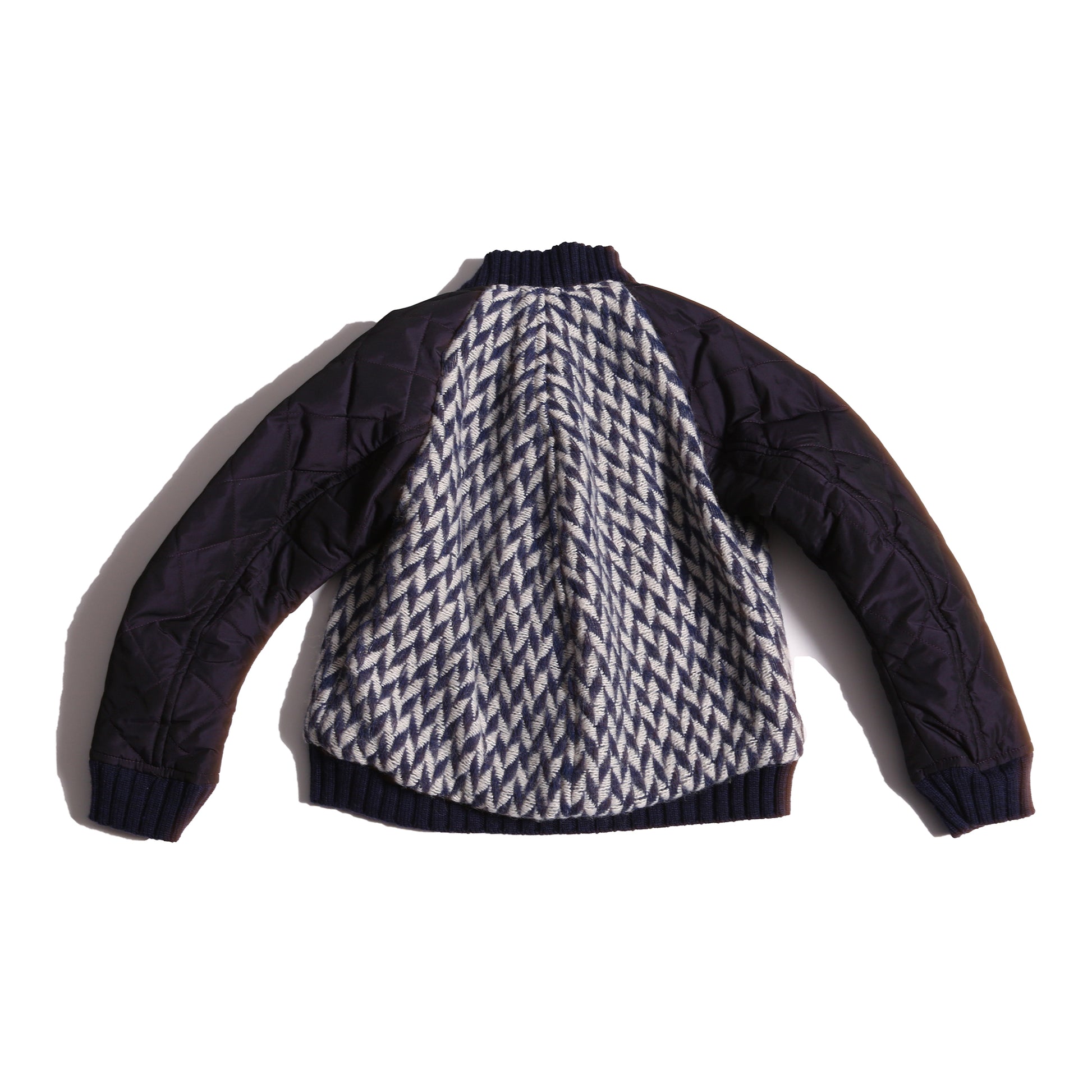 boys blue and white patchwork taffeta and wool bomber jacket