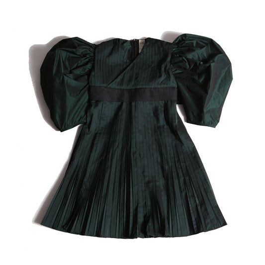 girls dark green pleated taffeta dress