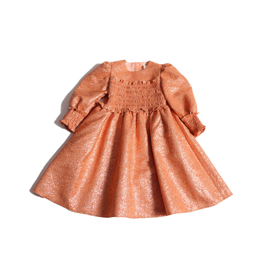 girls orange sparkly smocked dress with long sleeves