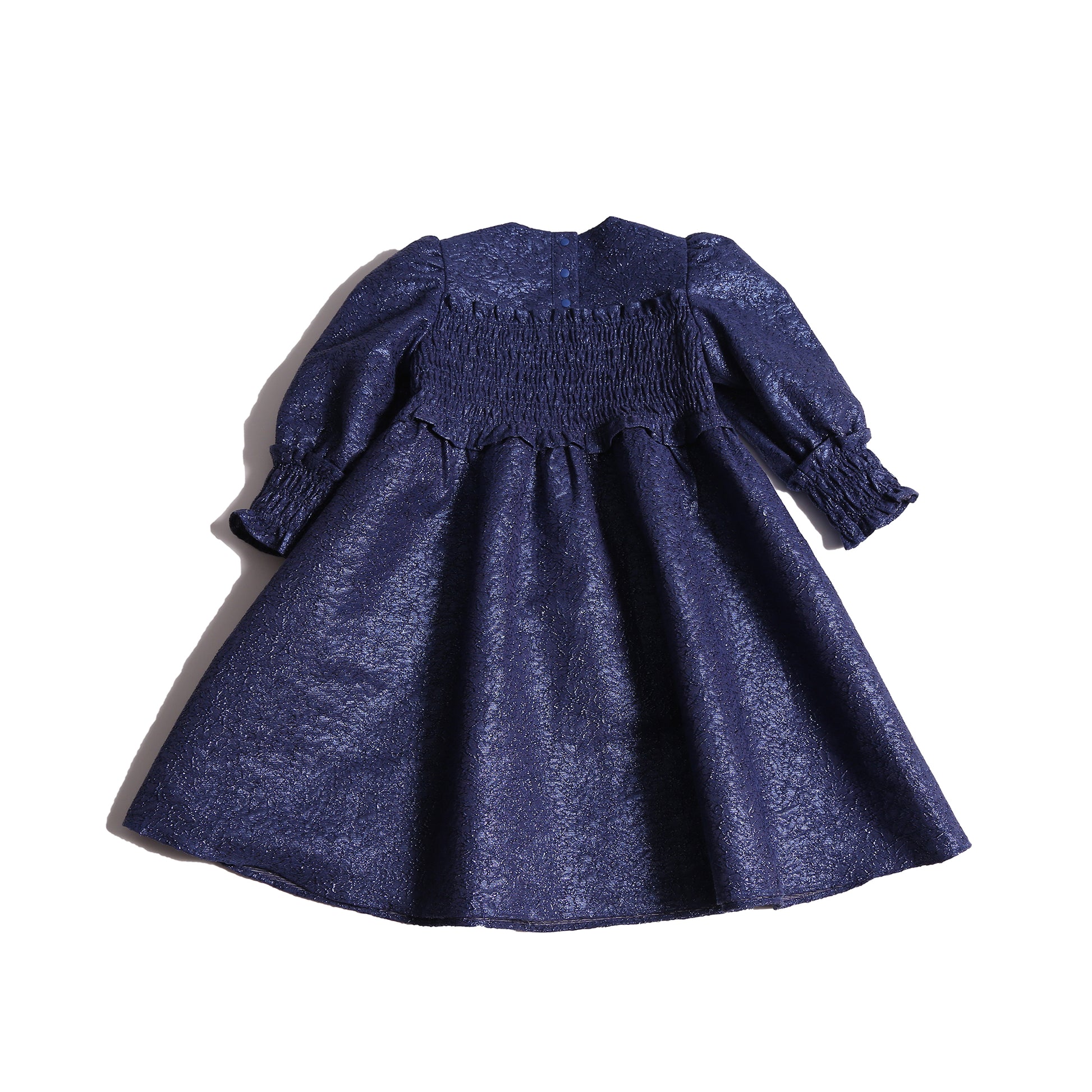 girls blue sparkly smocked dress with long sleeves