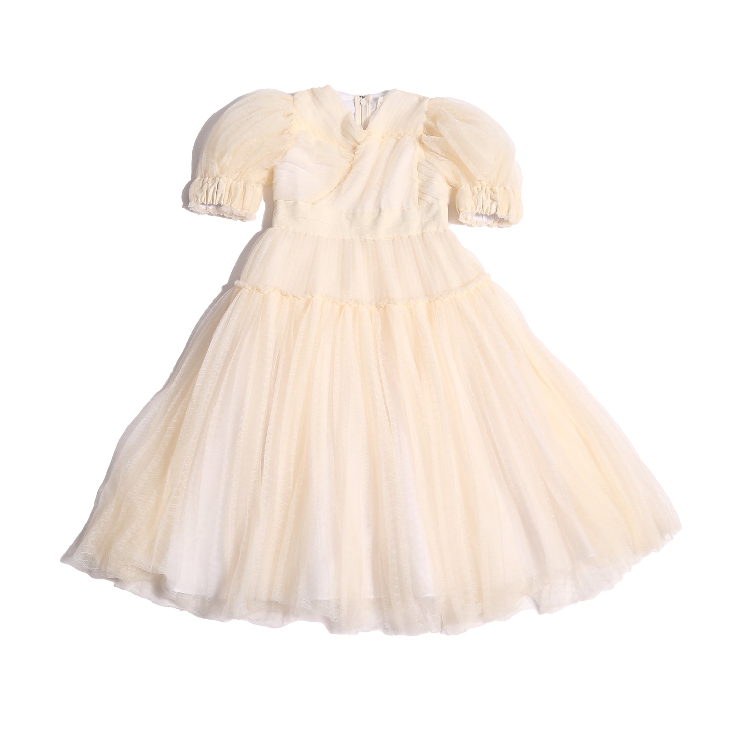 girls white pleated tulle gown dress with sleeves