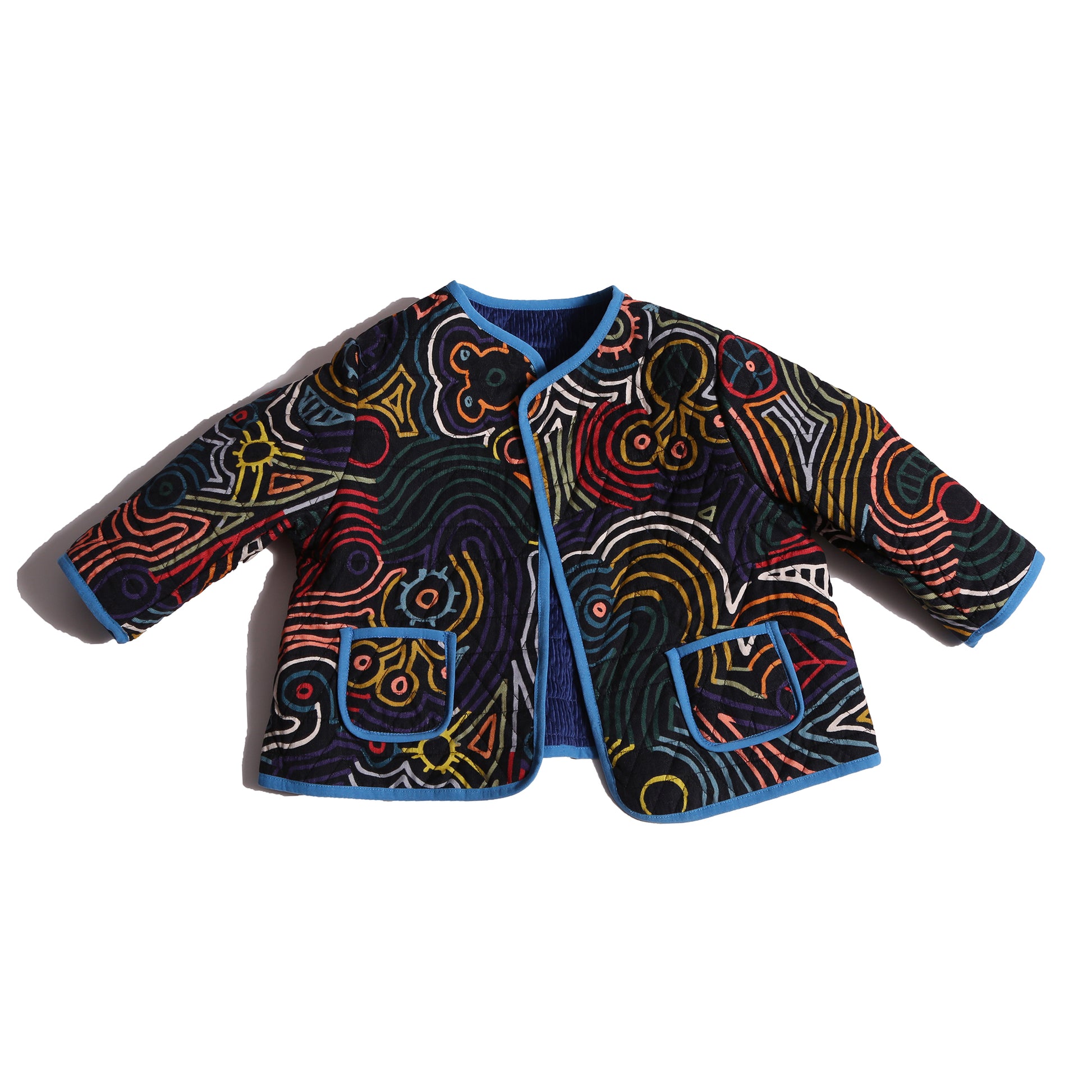 girls reversible corduroy cotton jacket in blue and multicolor print