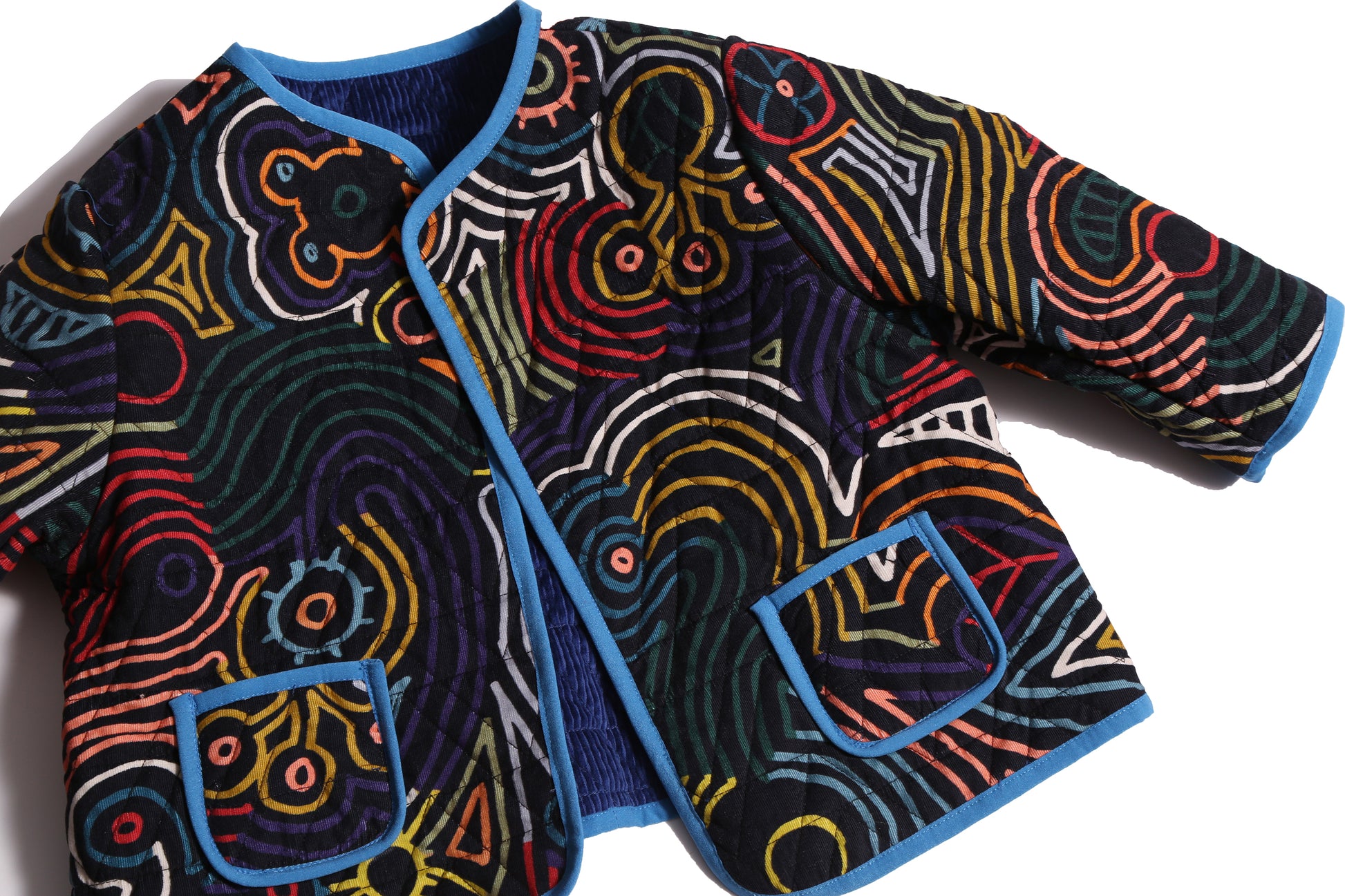 girls reversible corduroy cotton jacket in blue and multicolor print