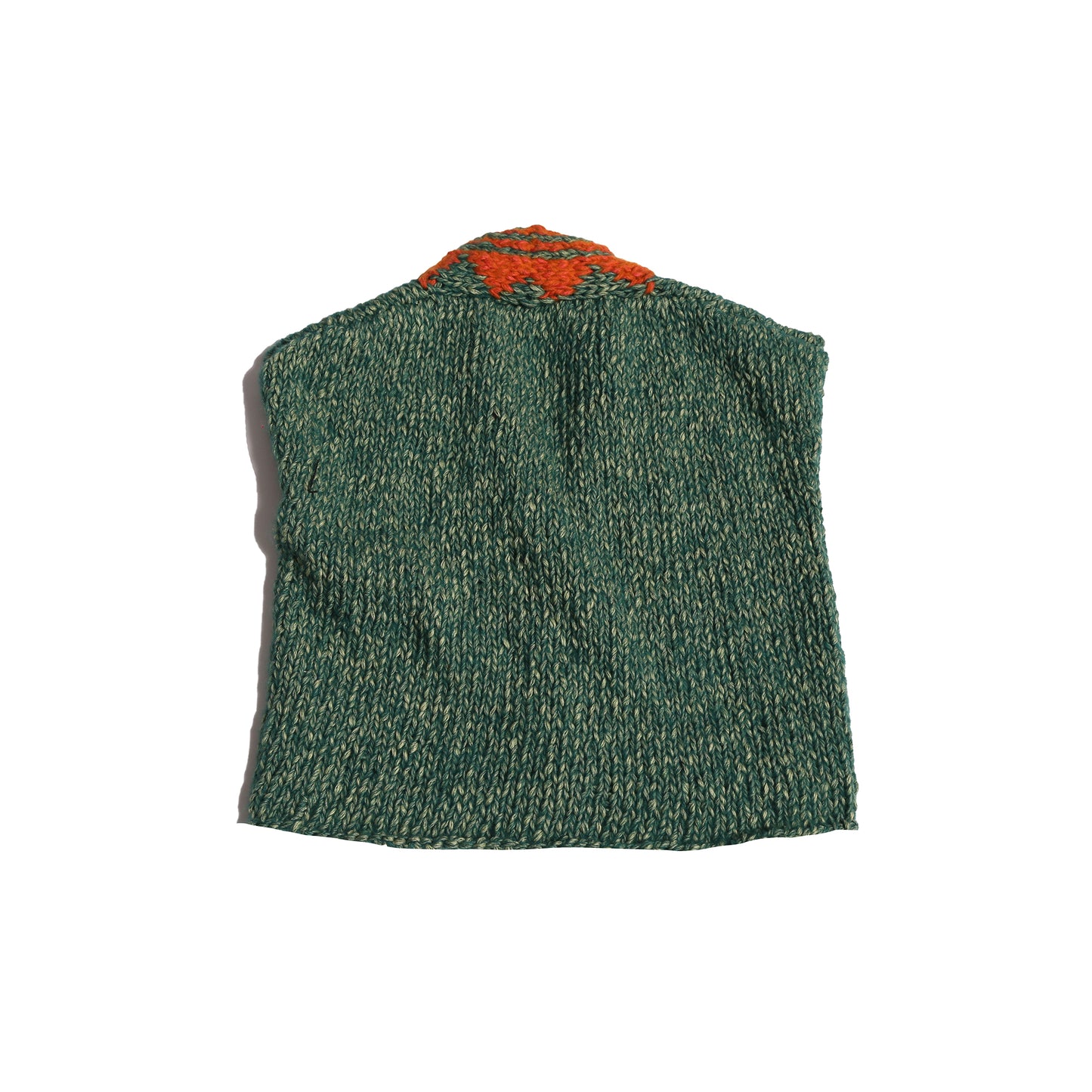 girls green hand knit wool vest with orange patterned neckline