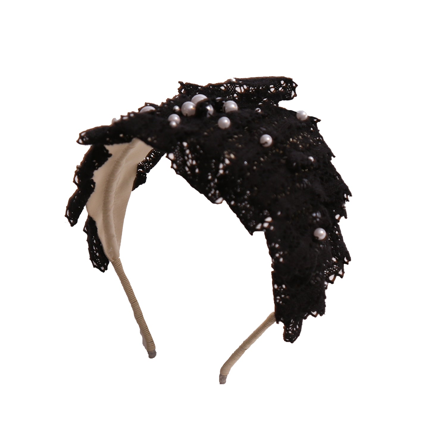 Tiara headband crafted with taffeta base, pleated lace trim at crown, and hand-stitched pearls, black, Tia Cibani.