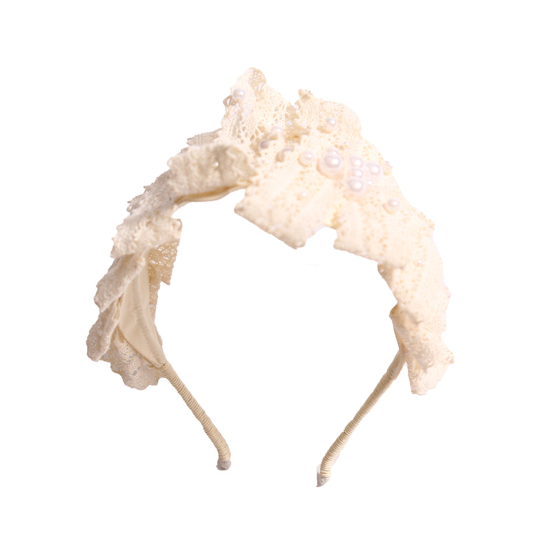 Tiara headband crafted with taffeta base, pleated lace trim at crown, and hand-stitched pearls, white, Tia Cibani.