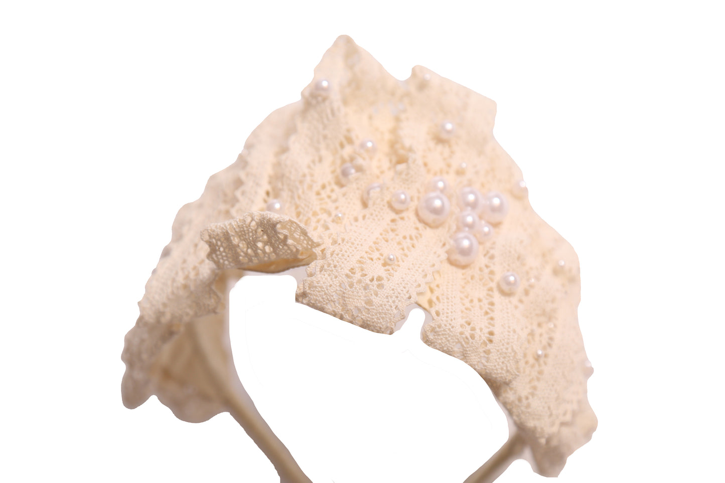 Tiara headband crafted with taffeta base, pleated lace trim at crown, and hand-stitched pearls, white, Tia Cibani.