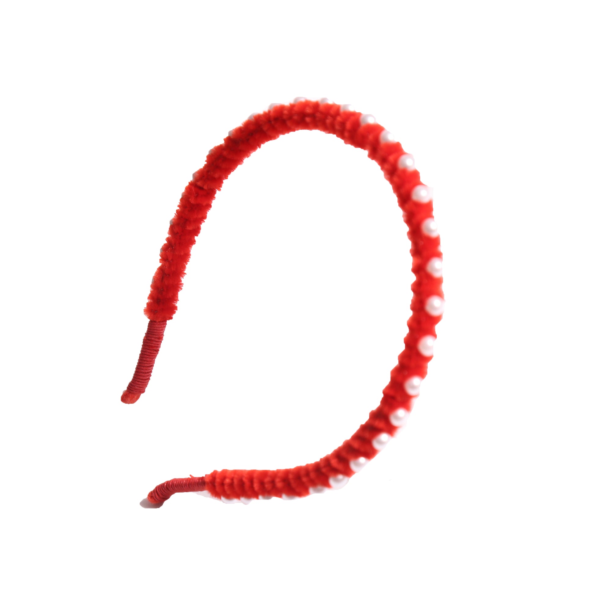 Vibrant chenille headband wrapped in playful pipe cleaners, lined with pearls at the crown, adding charm to any hairstyle. Colour: Rouge, Tia Cibani.