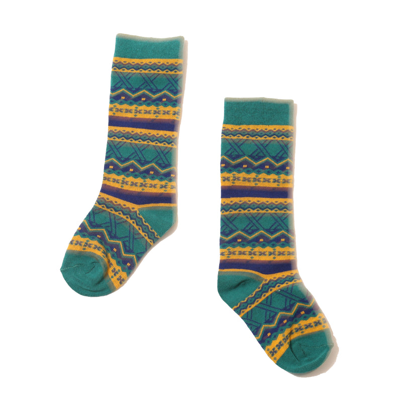 Multicolored midcalf socks with fair isle pattern in lightweight cotton knit with spandex for cozy, stretchy comfort. Colour: Blue, green, yellow, Tia Cibani.