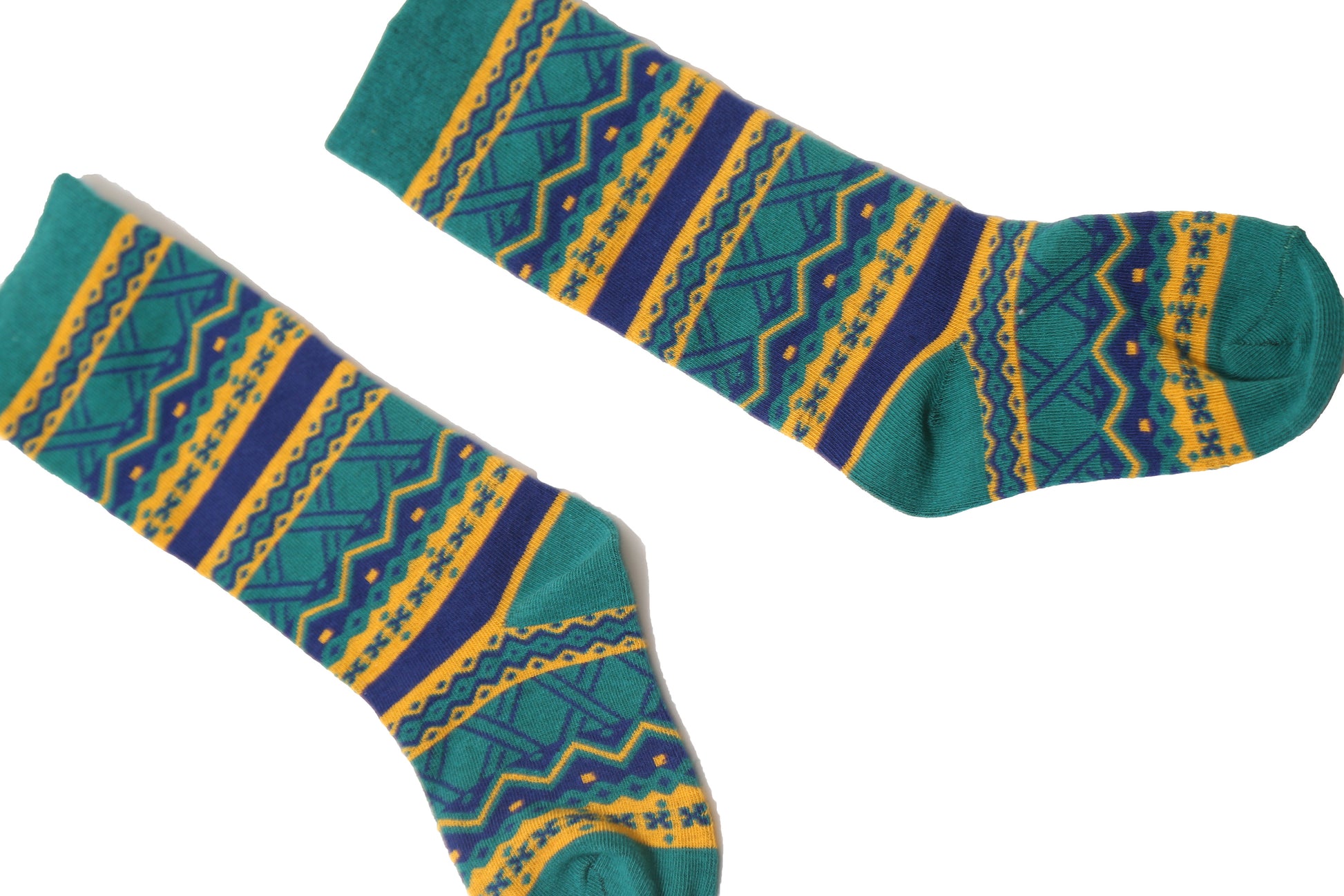 Multicolored midcalf socks with fair isle pattern in lightweight cotton knit with spandex for cozy, stretchy comfort. Colour: Blue, green, yellow, Tia Cibani.