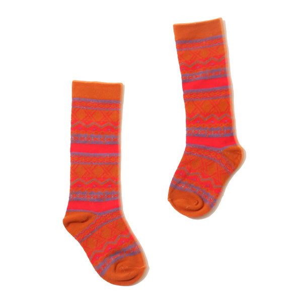 Multicolored midcalf socks with fair isle pattern in lightweight cotton knit with spandex for cozy, stretchy comfort. Colour: Red, blu, Tia Cibani.