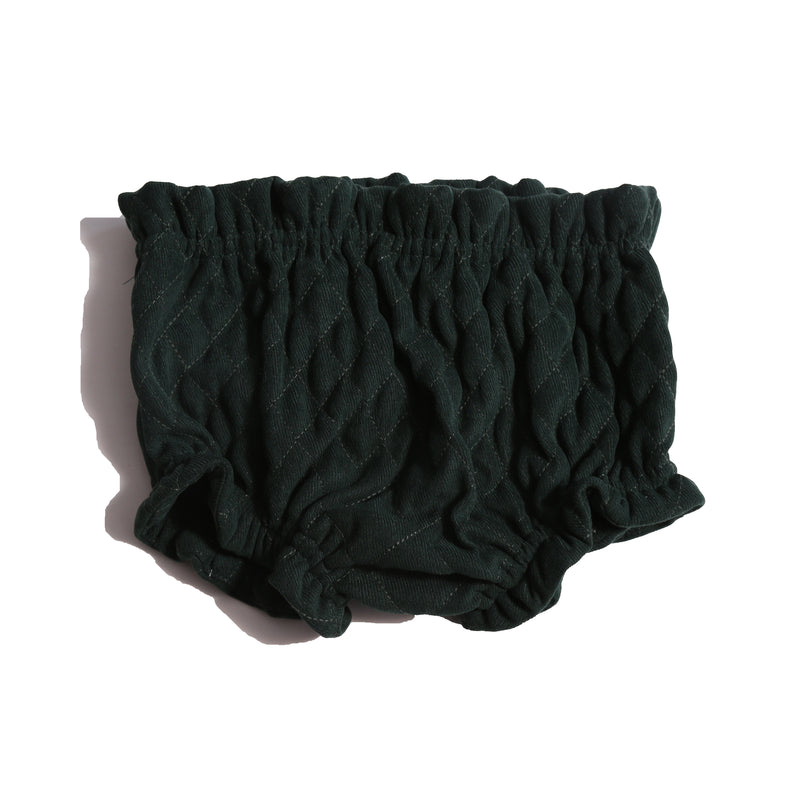 Soft, tufted bloomers for babies with gathered elastic waist and leg openings, cotton lined for comfort and style this fall. Pairs beautifully with Harlequin Tufted Topper. Celtic, Tia Cibani.