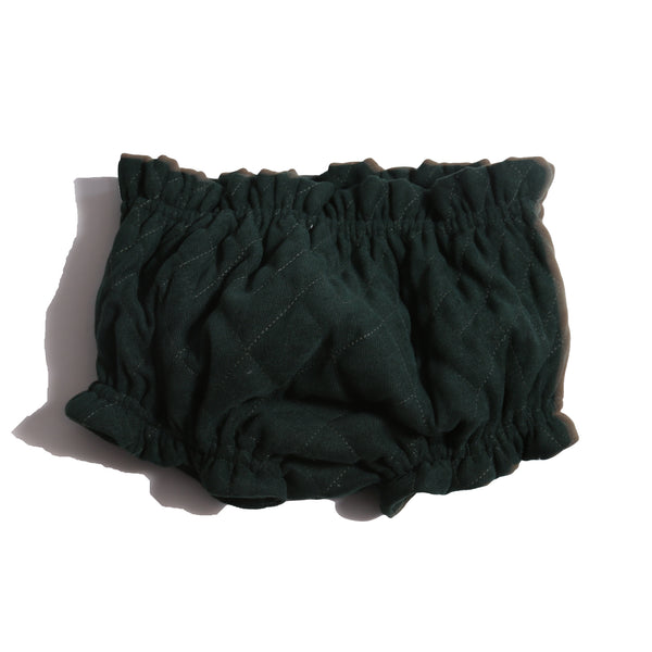 Soft, tufted bloomers for babies with gathered elastic waist and leg openings, cotton lined for comfort and style this fall. Pairs beautifully with Harlequin Tufted Topper. Celtic, Tia Cibani.