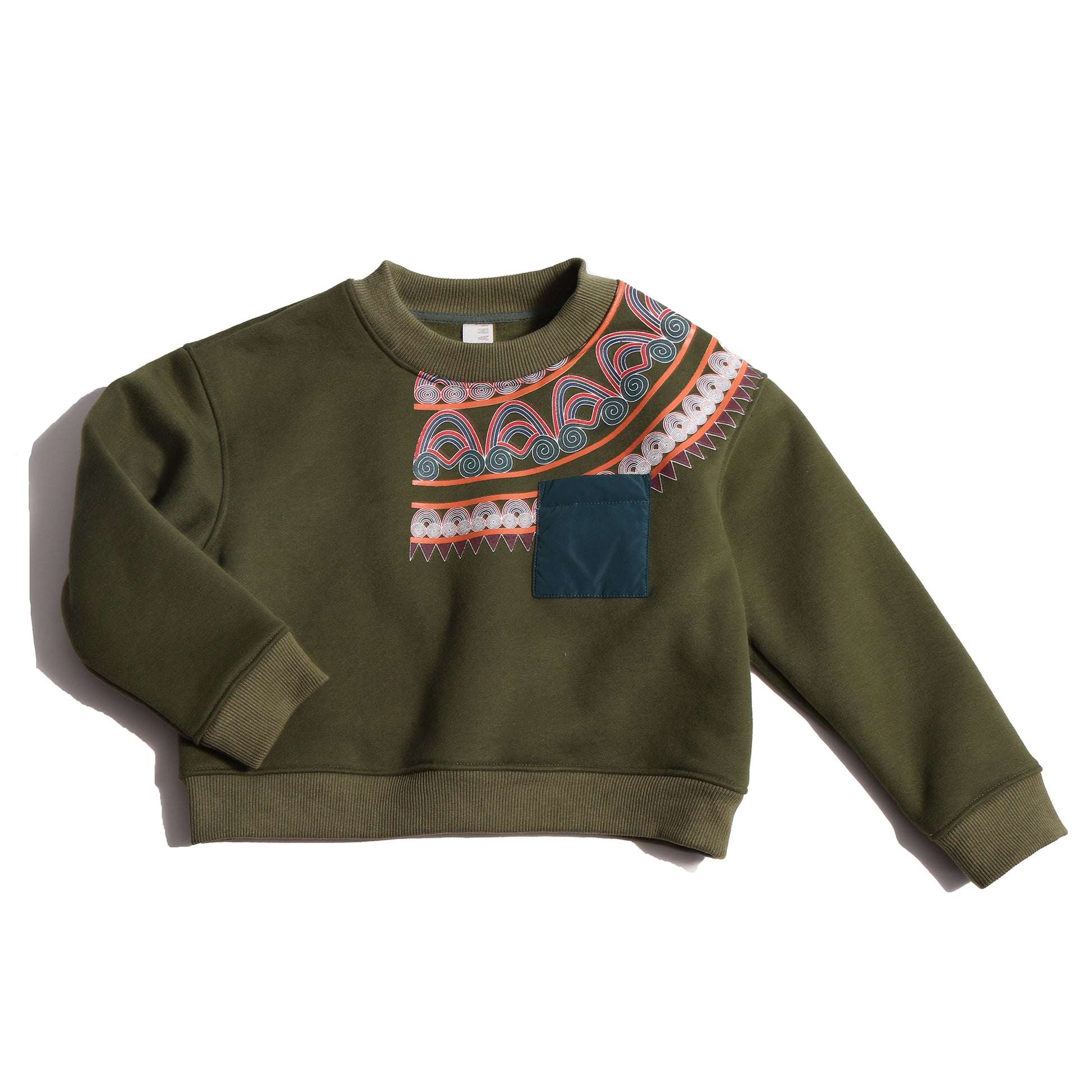 Sueded Fleece jersey pullover for boys, featuring long sleeves, tonal jersey ribbing at neckline, hem, and cuffs for comfort and style. Colorful asymmetric screen print at shoulder. Taffeta pocket detail at left chest for treasures. Dropped shoulders, relaxed fit. Chervil, Tia Cibani.