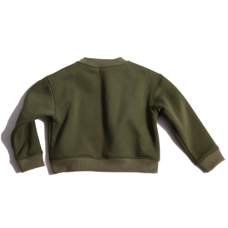 Sueded Fleece jersey pullover for boys, featuring long sleeves, tonal jersey ribbing at neckline, hem, and cuffs for comfort and style. Colorful asymmetric screen print at shoulder. Taffeta pocket detail at left chest for treasures. Dropped shoulders, relaxed fit. Chervil, Tia Cibani.