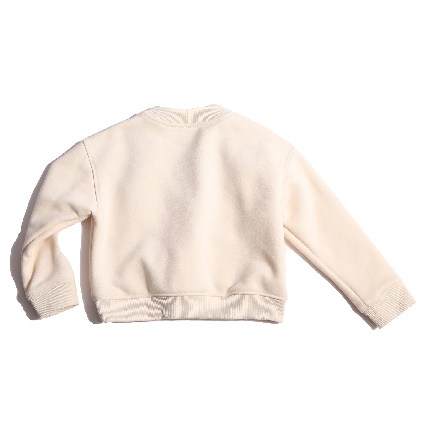 Sueded Fleece jersey pullover for boys, featuring long sleeves, tonal jersey ribbing at neckline, hem, and cuffs for comfort and style. Colorful asymmetric screen print at shoulder. Taffeta pocket detail at left chest for treasures. Dropped shoulders, relaxed fit. White, Tia Cibani.