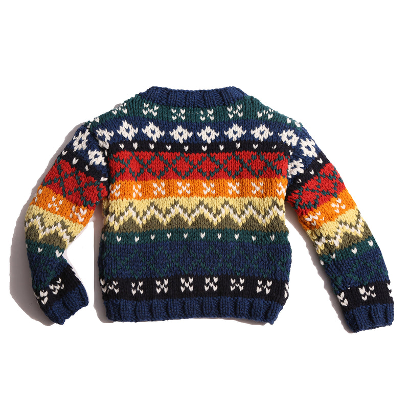 Colorful knit sweater in multicolor Felt Wool Yarn, featuring a unique fair isle pattern. Designed with a classic crew neckline, relaxed fit, and dropped shoulders for all-day comfort and easy layering. Made from 100% Wool, ideal for winter wear. By Tia Cibani.