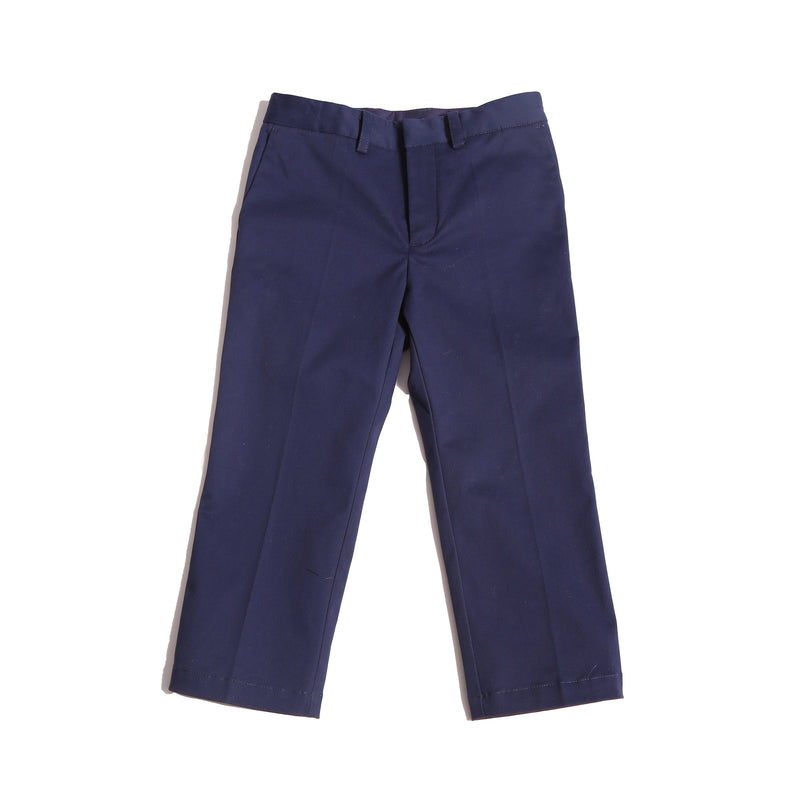 Trousers for young gentlemen in crisp, comfort stretch cotton twill. Easy elastic waistband with adjustable button and loop at interior, front zip with hook and eye closure. Side seam pockets for functionality. Ideal for school, formal occasions, or casual outings. Pair with Malok Military Jacket for charming look. Cotton. Blu, Tia Cibani.