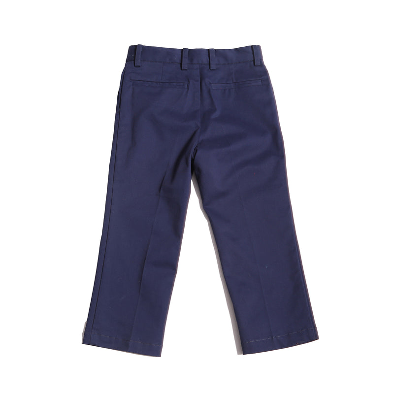 Trousers for young gentlemen in crisp, comfort stretch cotton twill. Easy elastic waistband with adjustable button and loop at interior, front zip with hook and eye closure. Side seam pockets for functionality. Ideal for school, formal occasions, or casual outings. Pair with Malok Military Jacket for charming look. Cotton. Blu, Tia Cibani.