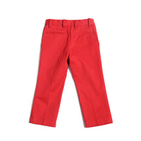 Trousers for young gentlemen in crisp, comfort stretch cotton twill. Easy elastic waistband with adjustable button and loop at interior, front zip with hook and eye closure. Side seam pockets for functionality. Ideal for school, formal occasions, or casual outings. Pair with Malok Military Jacket for charming look. Cotton. Rouge, Tia Cibani.