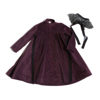 Oversized night shirt style dress, pin-tucked at the top with a darling high-low hem, featuring a detachable embroidered lace pleated collar at the mock neckline. Made from velvet fabric in Prune color, ideal for occasional wear or everyday dress up, with snap buttons and handy pockets at the sides, by Tia Cibani.