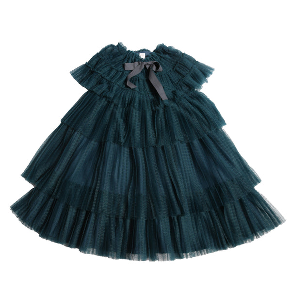 Maxi dress with tiers of tulle, a capelet style top, ribbon tie at the neck for easy adjusting, and matching ribbon belt to tie into a bow at the waist. Finished with raw edges. Perfect party dress. Celtic, Tia Cibani.