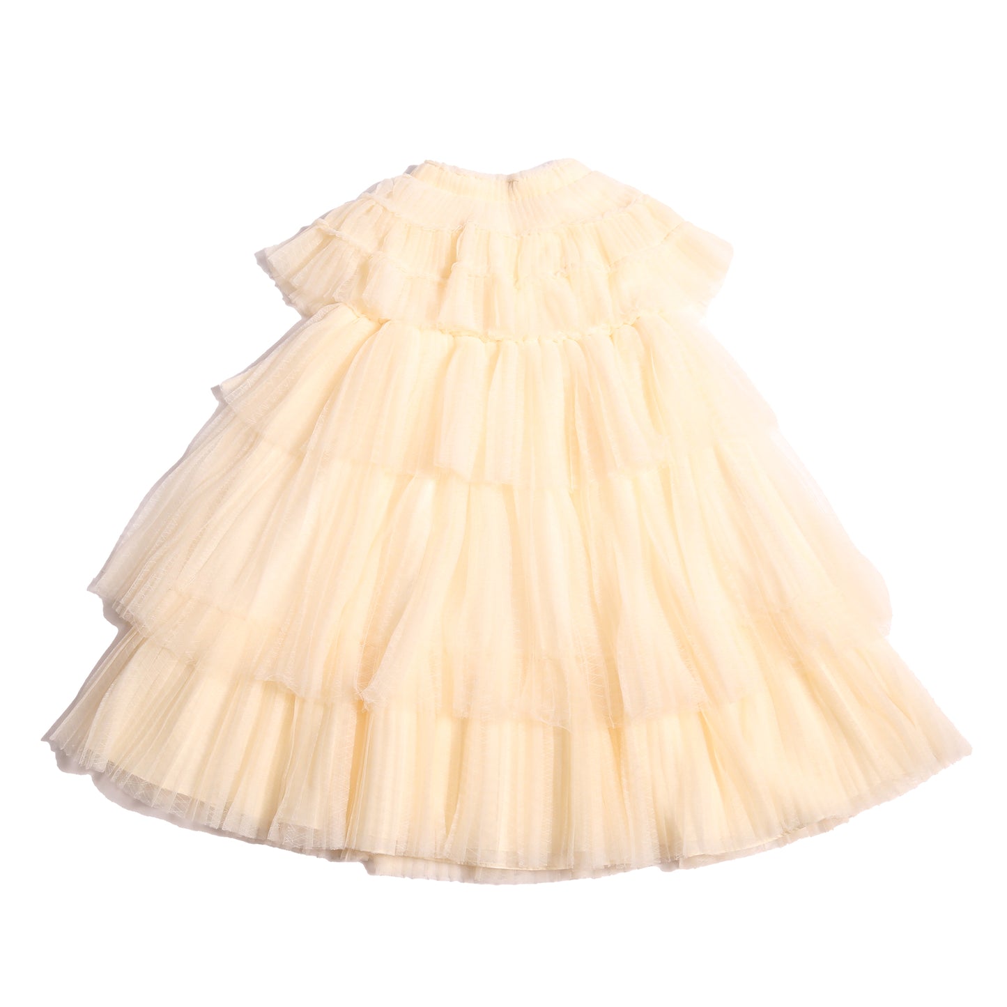 Maxi dress with tiers of tulle, a capelet style top, ribbon tie at the neck for easy adjusting, and matching ribbon belt to tie into a bow at the waist. Finished with raw edges. Perfect party dress. White, Tia Cibani.