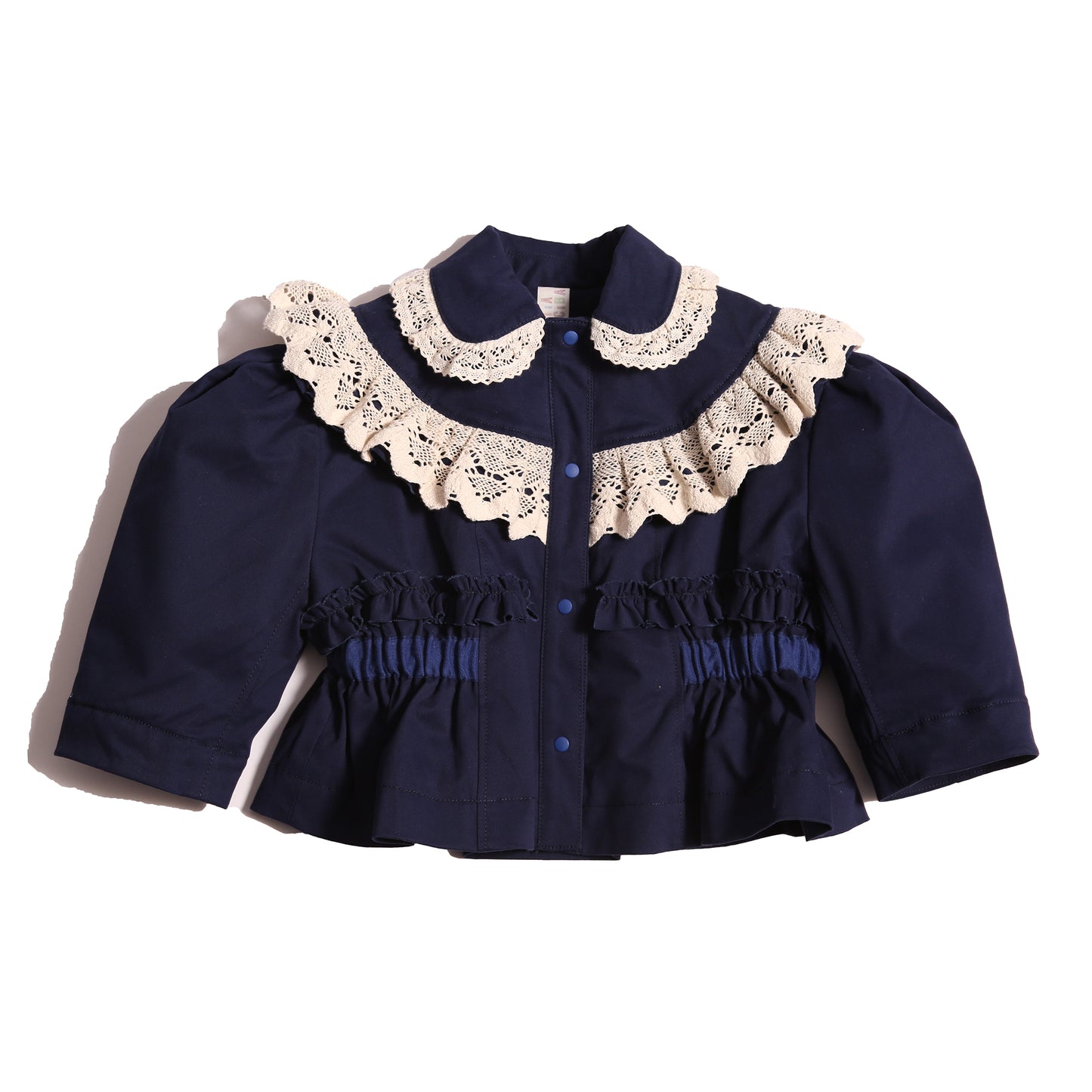 Charming volume topper jacket in soft Chamois Cotton Twill with contrasting lace embellishments, Blue and White, Tia Cibani.