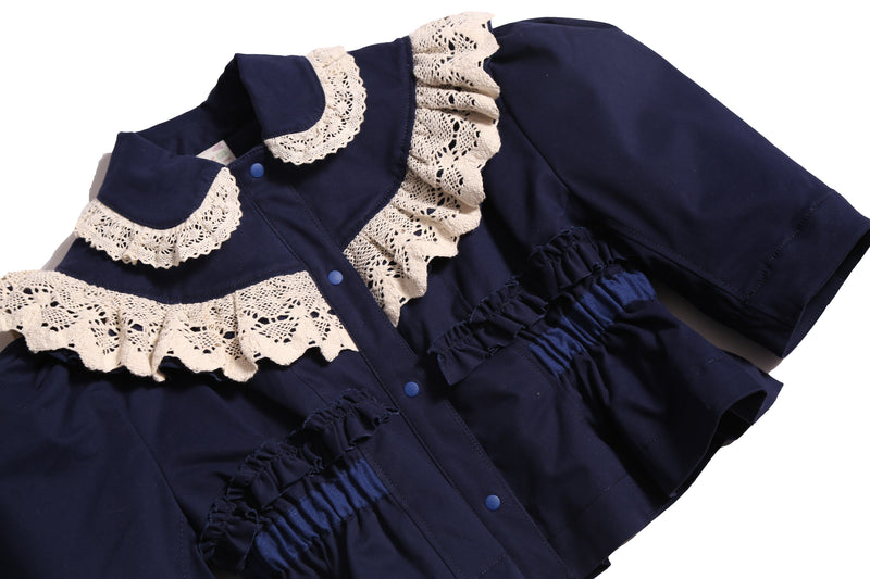 Charming volume topper jacket in soft Chamois Cotton Twill with contrasting lace embellishments, Blue and White, Tia Cibani.