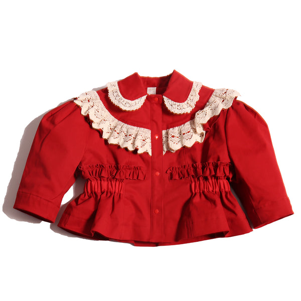 Charming volume topper jacket in soft Chamois Cotton Twill with contrasting lace embellishments, Red and White, Tia Cibani.