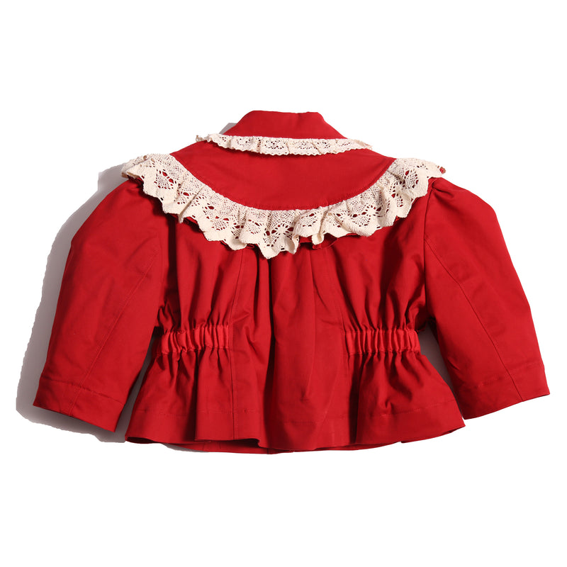 Charming volume topper jacket in soft Chamois Cotton Twill with contrasting lace embellishments, Red and White, Tia Cibani.