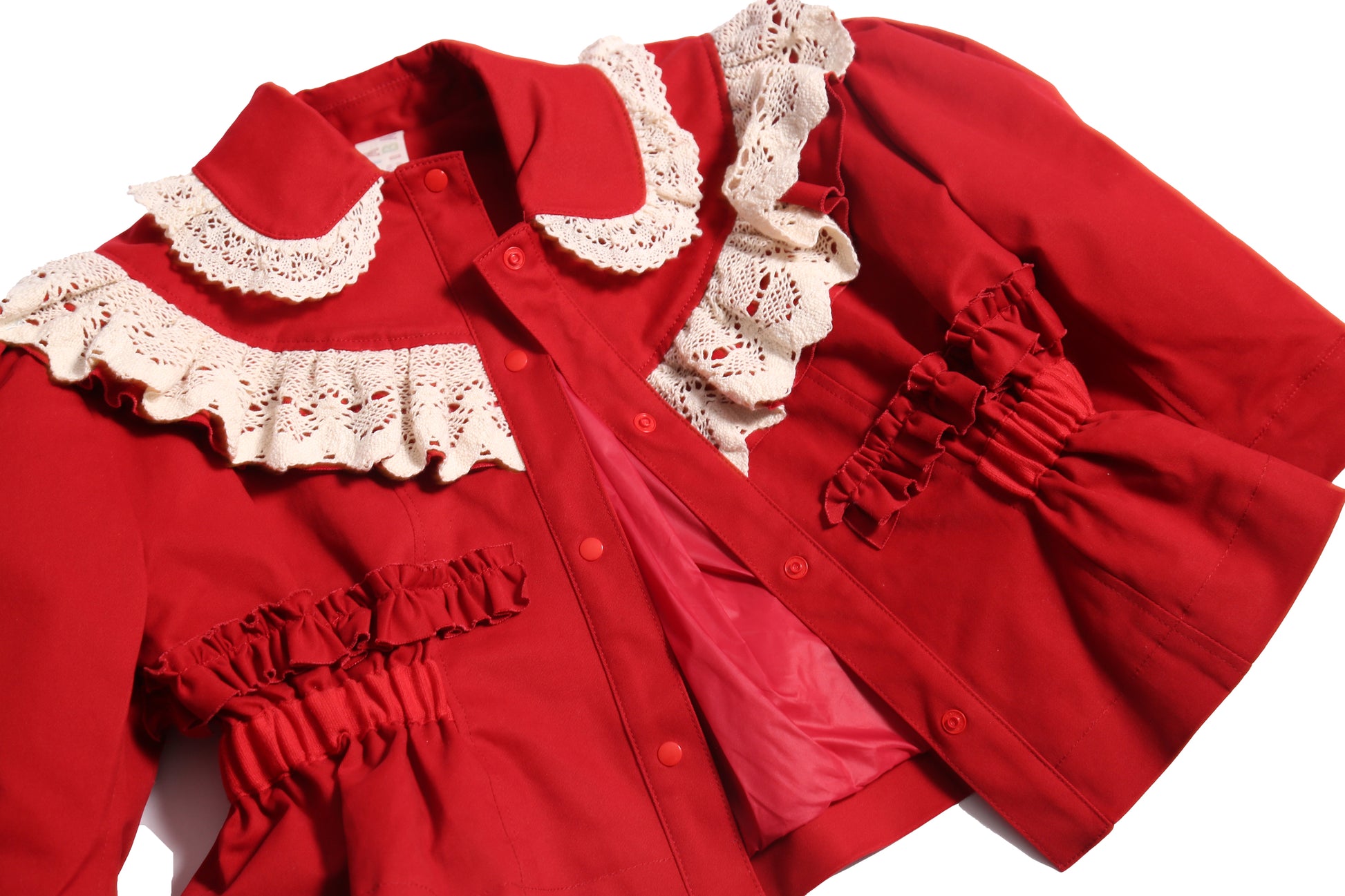 Charming volume topper jacket in soft Chamois Cotton Twill with contrasting lace embellishments, Red and White, Tia Cibani.