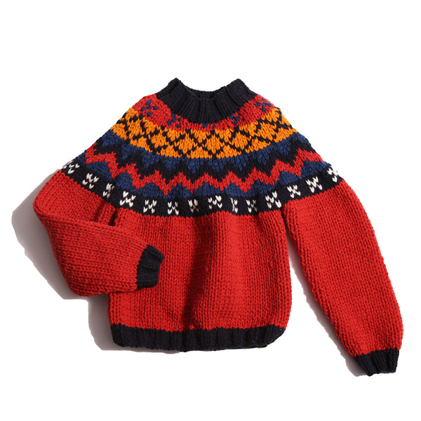 Long-sleeve sweater primarily red, with accents of blue and orange, made of Yarn fabric, by Tia Cibani. Front View.