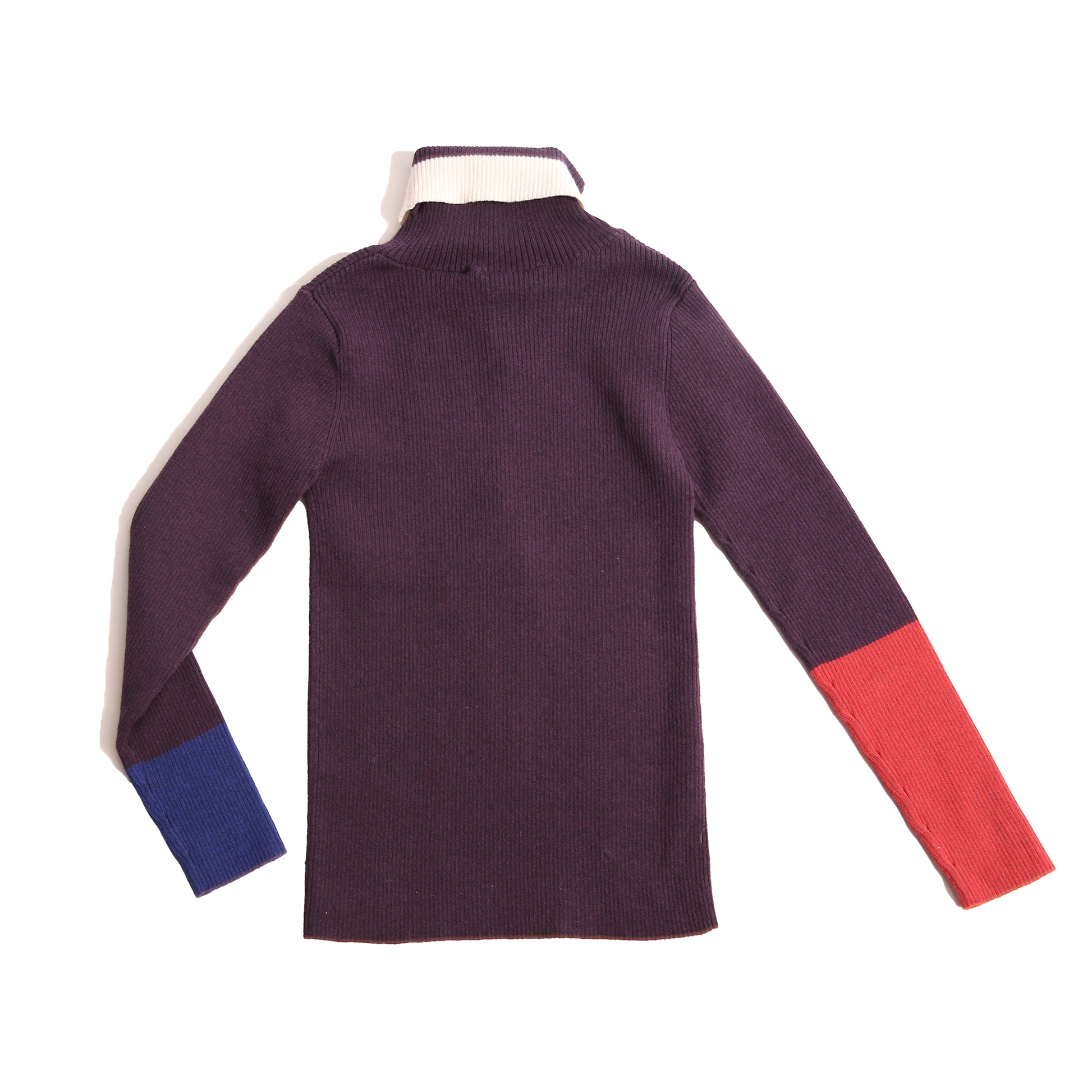 Slim fit, all-over ribbed turtleneck featuring colorblocking and contrast patchwork detailing at sleeves and neckline in this season's fine knit yarn colors. Ideal for wearing alone or as a layering piece in chilly seasons. Prune mix, Tia Cibani.