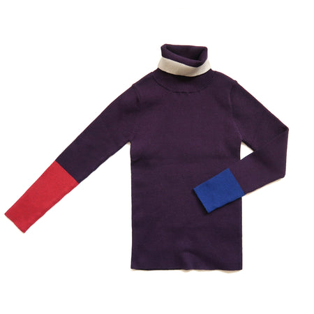 Slim fit, all-over ribbed turtleneck featuring colorblocking and contrast patchwork detailing at sleeves and neckline in this season's fine knit yarn colors. Ideal for wearing alone or as a layering piece in chilly seasons. Prune mix, Tia Cibani.