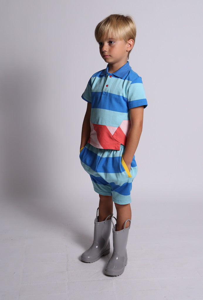 boys, relaxed fit, loose fit, shorts, knee length, elastic waist, jersey, stripe, blue, model photo