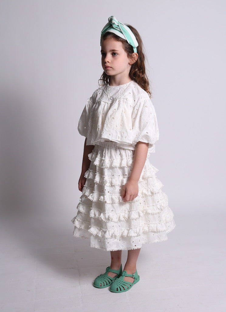 girls, flare, blouse, shirt, top, ruffle, white, sweetheart, puffy sleeve, short sleeve, white, eyelet, model photo