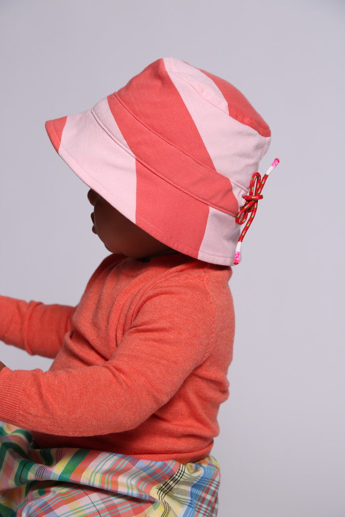 baby hat, stripe, jersey, cinched, pink, red, model photo