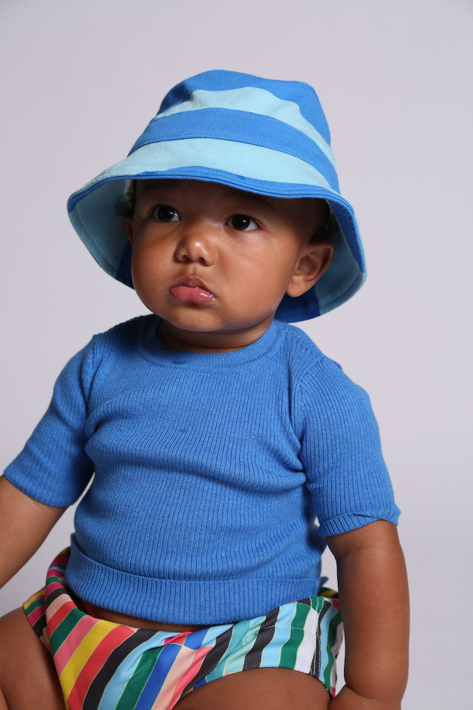 baby, short sleeve, crew neck, ribbed, blue, unisex, knit, model photo