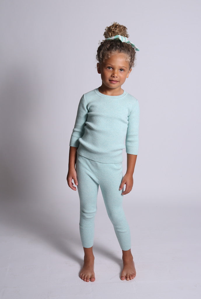 unisex, girls, legging, ribbed, soft, cotton, yarn, knit, pajama, light, blue, green, model photo