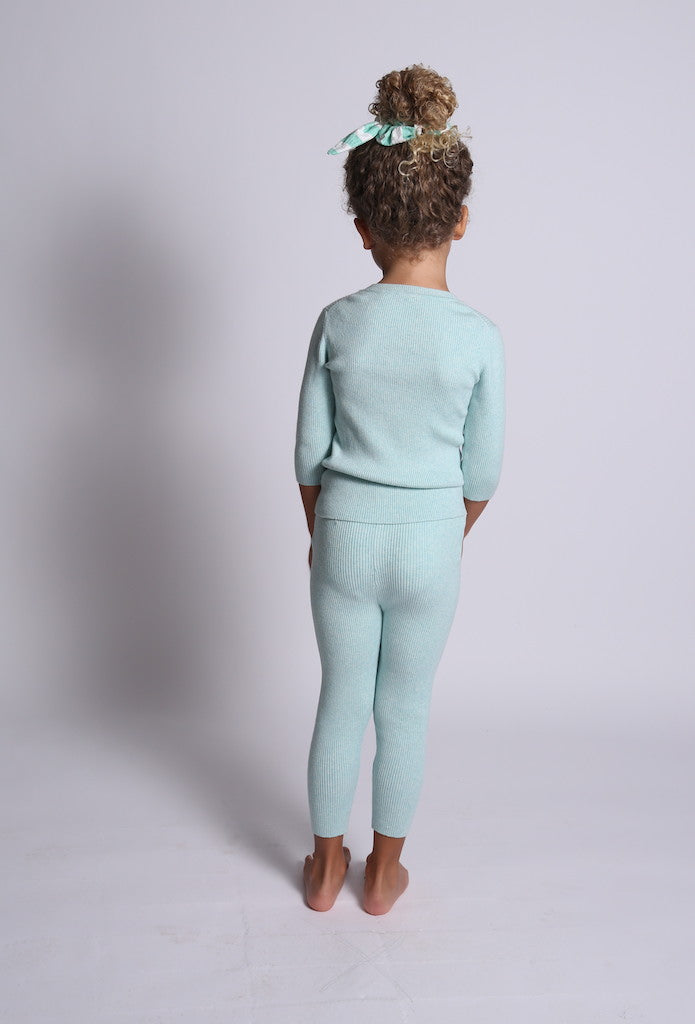 unisex, girls, legging, ribbed, soft, cotton, yarn, knit, pajama, light, blue, green, model photo