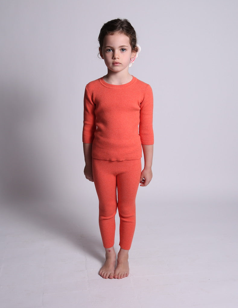 unisex, girls, legging, ribbed, soft, cotton, yarn, knit, pajama, red, model photo