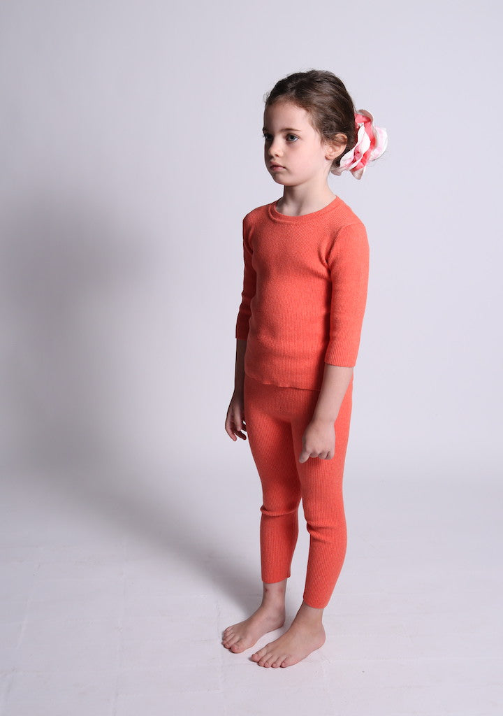 unisex, girls, legging, ribbed, soft, cotton, yarn, knit, pajama, red, model photo