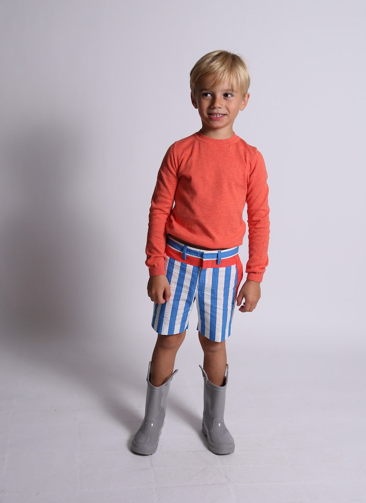 boys, shorts, stripe, seersucker, red detail, blue, white, model photo