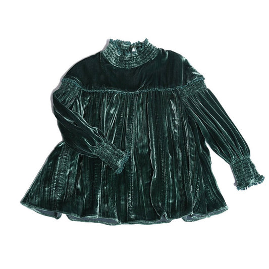 girls long sleeve blouse shirt with smocked mock neck in green silk velvet